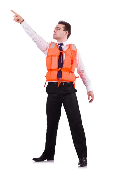Affärsman med rescue Säkerhetsväst på vit — Stockfoto