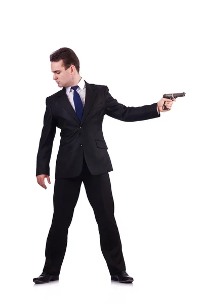 Affärsman med pistol isolerad på vit — Stockfoto