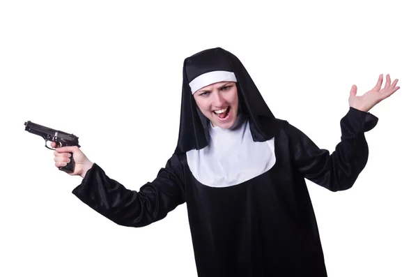 Nun with handgun isolated on white — Stock Photo, Image