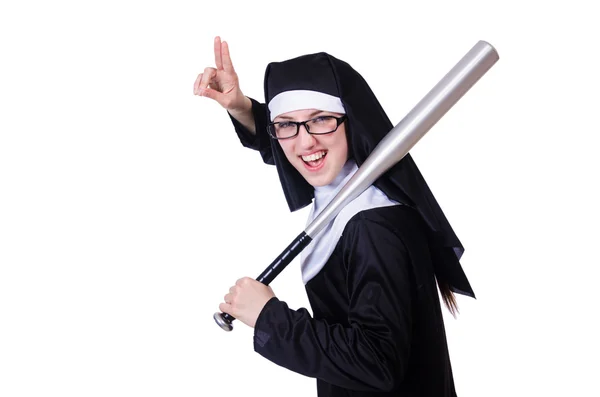 Nun with baseball bat on white — Stock Photo, Image