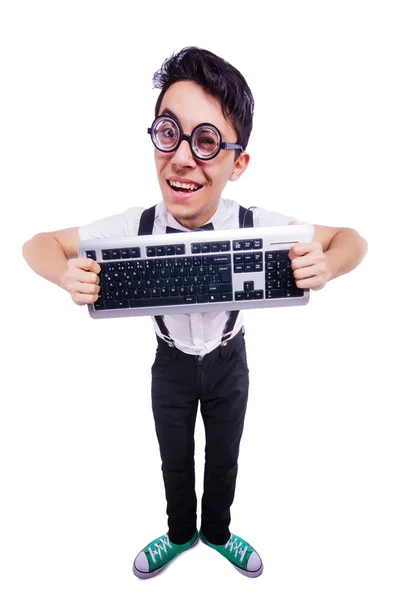 Divertido friki de la computadora aislado en blanco — Foto de Stock