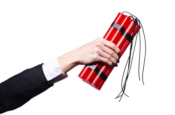 Hand holding bars of dynamite on white — Stock Photo, Image