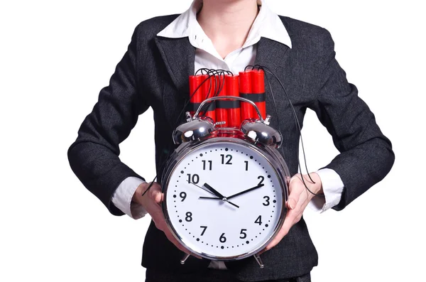 Woman with dynamite and clock on white — Stock Photo, Image
