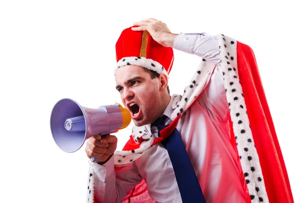 King businessman with loudspeaker isolated on white — Stock Photo, Image