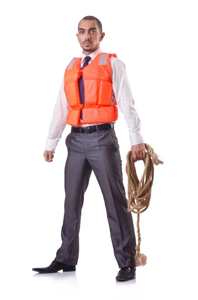 Homem em colete salva-vidas isolado em branco — Fotografia de Stock