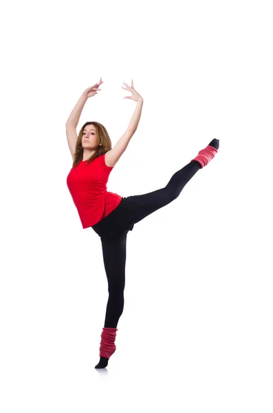 Joven gimnasta ejercitándose sobre blanco — Foto de Stock