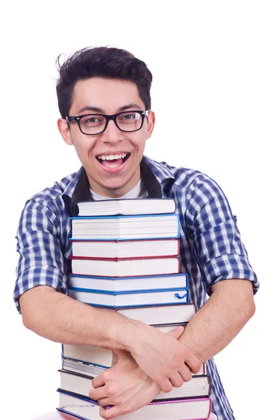 Étudiant drôle avec pile de livres — Photo