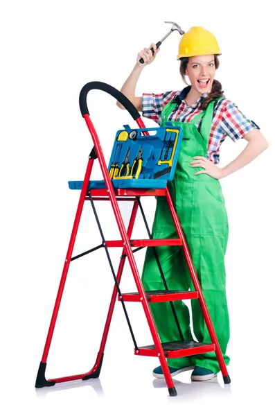 Woman repair worker with ladder — Stock Photo, Image