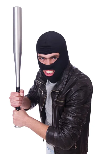 Male hooligan with bat on white — Stock Photo, Image