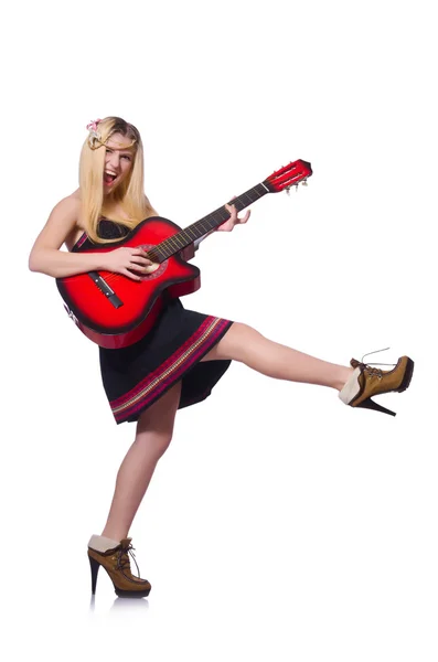 Guitare joueuse femme isolée sur blanc — Photo