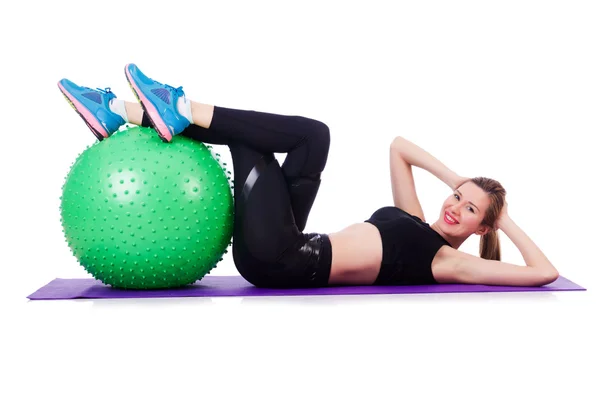 Woman doing exercises with ball on white — Stock Photo, Image