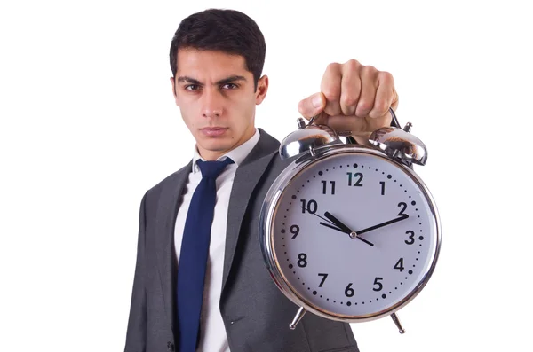 Biznesmen z zegarem odizolowany na białym — Zdjęcie stockowe