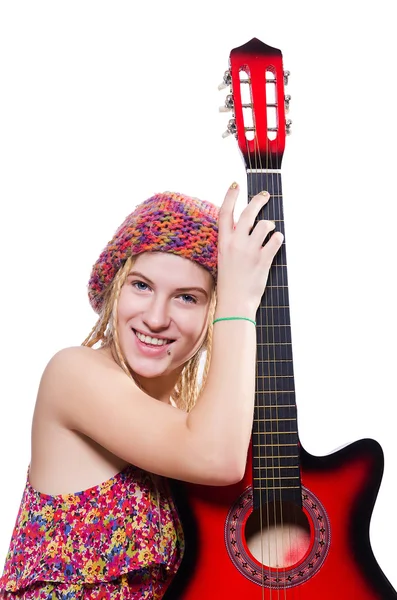 Guitarrista mulher isolada no branco — Fotografia de Stock