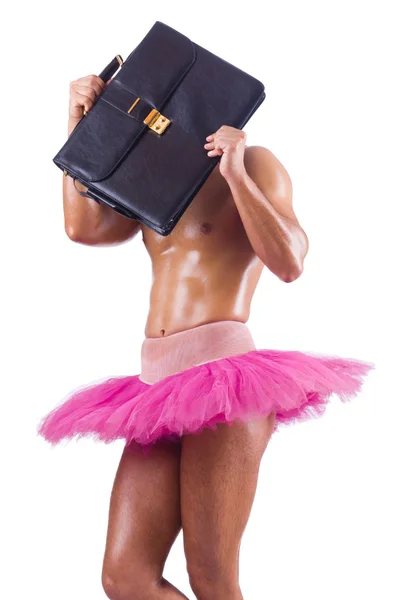 Man in tutu with briefcase on white — Stock Photo, Image