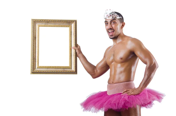 Man in pink tutu with picture frame — Stock Photo, Image