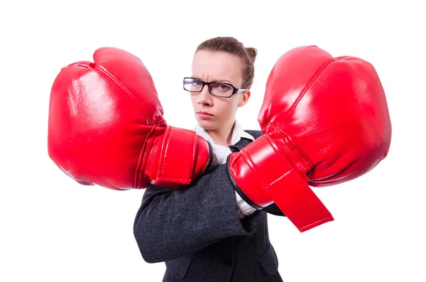 Donna con guantoni da boxe su bianco — Foto Stock