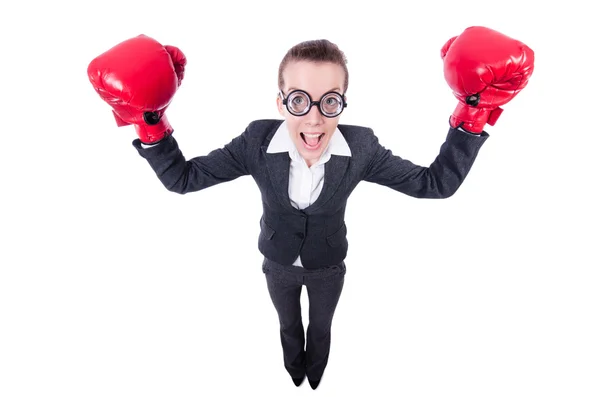 Mujer de negocios en concepto de boxeo en blanco —  Fotos de Stock