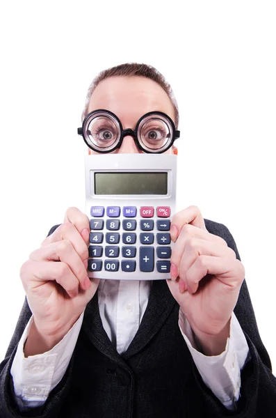 Смешной бухгалтер с калькулятором на белом — стоковое фото