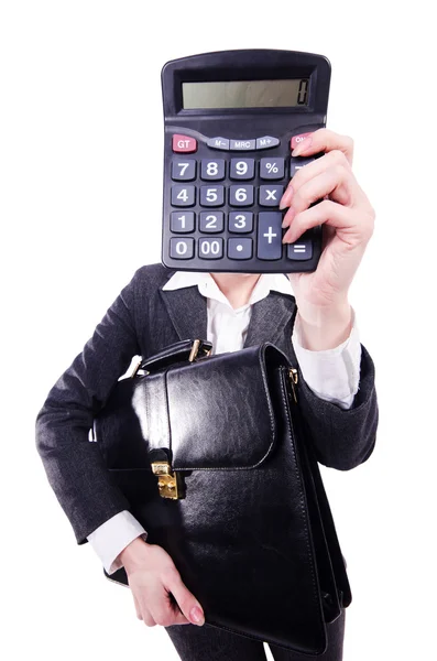 Comptable drôle avec calculatrice sur blanc — Photo