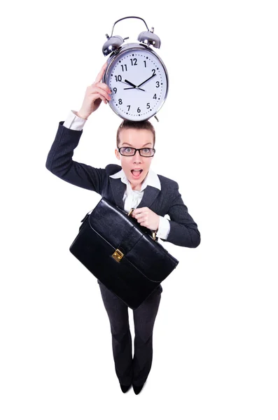 Femme drôle avec horloge sur blanc — Photo