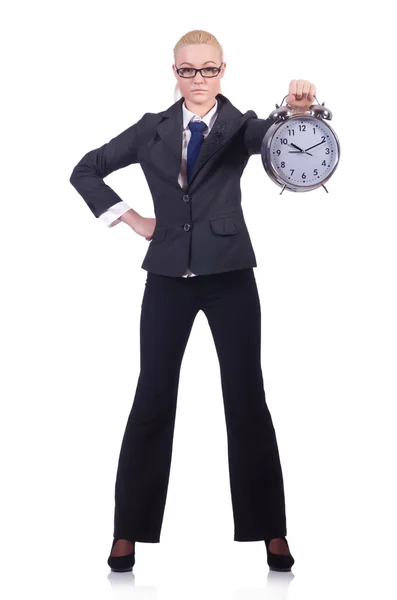 Woman with giant clock on white — Stock Photo, Image