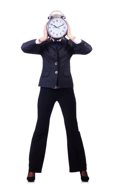 Woman with giant clock on white — Stock Photo, Image