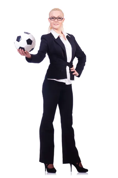 Woman with football on white — Stock Photo, Image