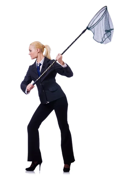 Geschäftsfrau mit Fangnetz auf Weiß — Stockfoto