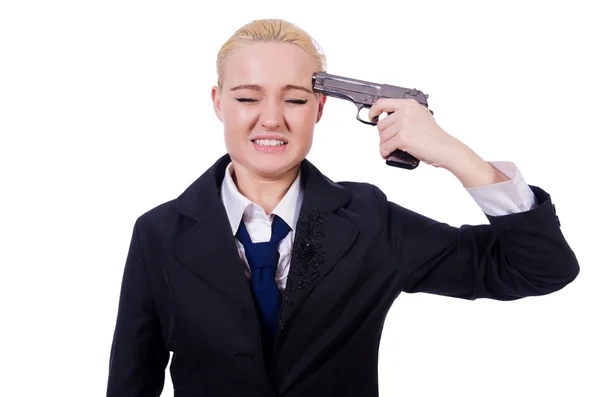 Woman committing suicide on white — Stock Photo, Image