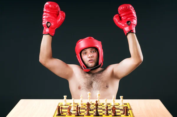 Boxer stuggling with chess game — Stock Photo, Image