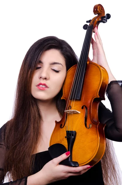 Junge Performerin mit Geige auf Weiß — Stockfoto