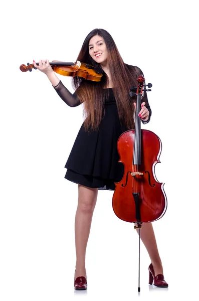 Young performer with violin on white — Stock Photo, Image