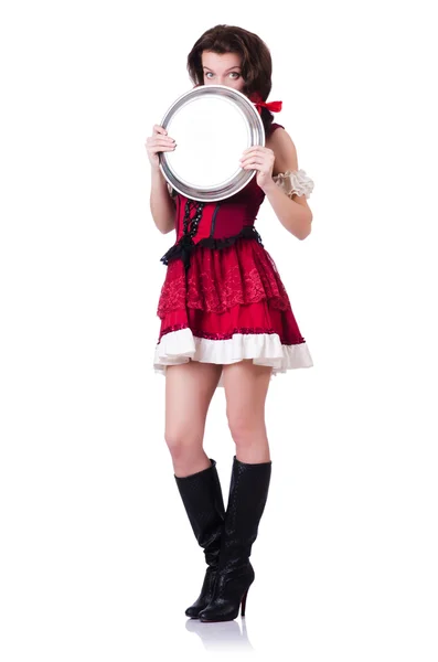 Bavarian girl with tray on white — Stock Photo, Image