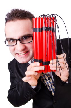 Dinamiti olan bir iş adamı beyazda izole edilmiş.