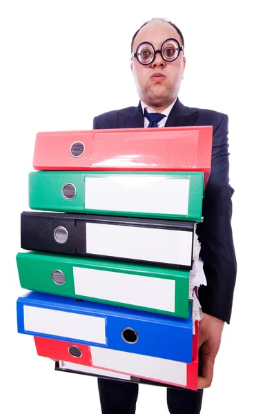 Funny man with lots of folders on white — Stock Photo, Image