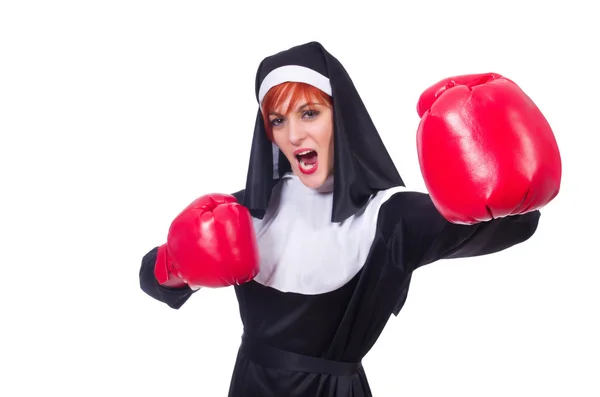 Freira com luvas de boxe isolado em branco — Fotografia de Stock