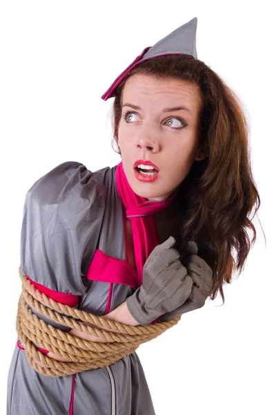 Female stewardess tied with rope — Stock Photo, Image