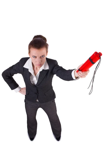 Businesswoman with dynamite on white — Stock Photo, Image