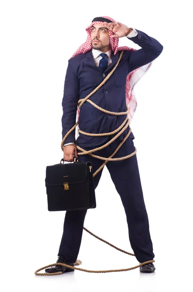 Arab man tied up with rope on white — Stock Photo, Image