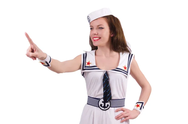 Stewardess drückt virtuelle Knöpfe in der Luft — Stockfoto