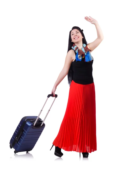 Young woman ready for summer vacation on white — Stock Photo, Image