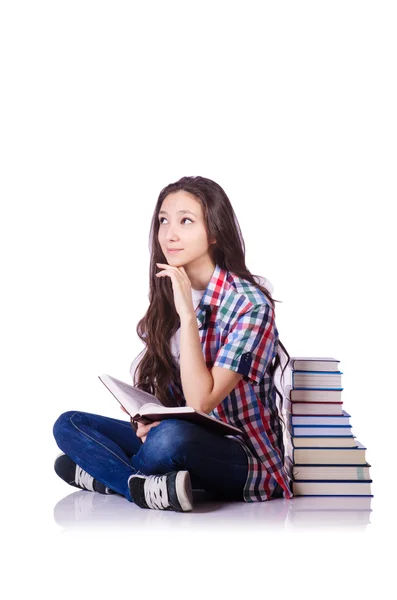 Studente con libri isolati su bianco — Foto Stock