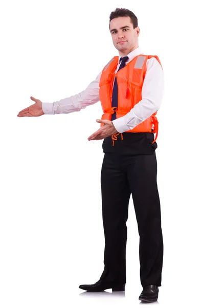 Businessman with rescue safety vest on white — Stock Photo, Image