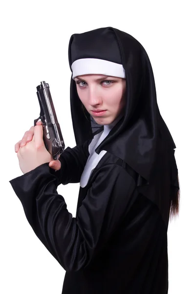 Nun with handgun isolated on white — Stock Photo, Image