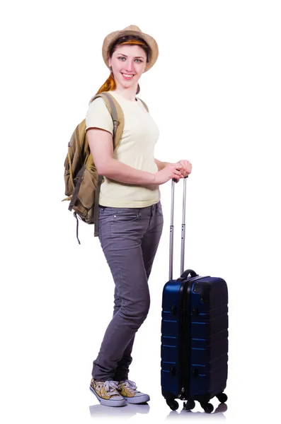 Mujer joven lista para las vacaciones de verano en blanco —  Fotos de Stock