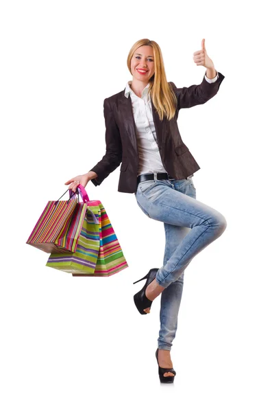 Mujer joven con bolsas después de ir de compras — Foto de Stock