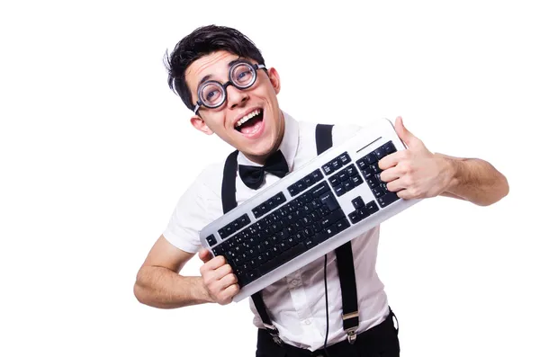 Grappige computer geek geïsoleerd op wit — Stockfoto