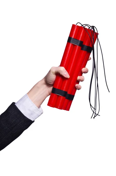 Hand holding bars of dynamite on white — Stock Photo, Image