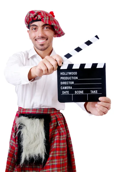 Scotsman with movie board on white — Stock Photo, Image