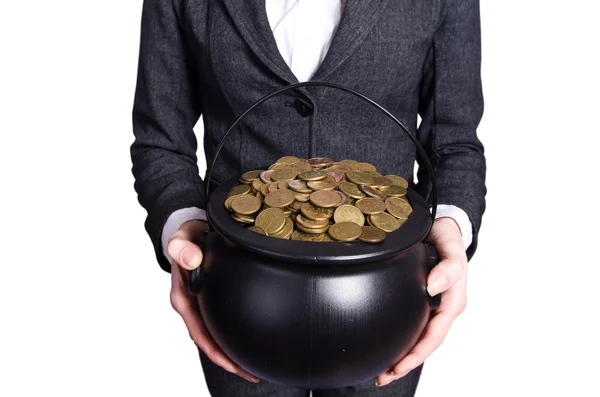 Woman holding pot of gold coins — Stock Photo, Image